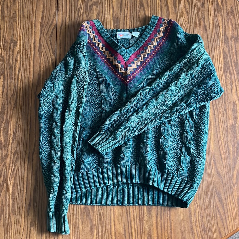 V Cristina Teal Cable Knit Sweater with Multicolor Accents